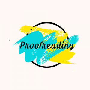 A black outline of a circle with a splash of turquoise and yellow inside. Proofreading is written in black letters on the coloured background inside the circle.