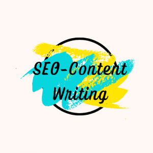 A black outline of a circle with a splash of turquoise and yellow inside. SEO-Content Writing is written in black letters on the coloured background inside the circle.