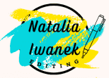 A black outline of a circle with a splash of turquoise and yellow inside. Natalia Iwanek Editing is written in black letters on the coloured background inside the circle. A black outlined pen sits beside the lettering.