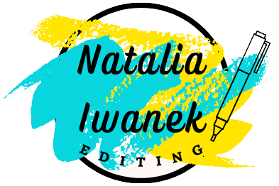 Natalia Iwanek Editing logo. A black outline of a circle with a splash of turquoise and yellow inside. Natalia Iwanek Editing is written in black letters on the coloured background inside the circle. A black outlined pen sits beside the lettering.
