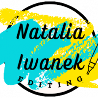 Natalia Iwanek Editing logo. A black outline of a circle with a splash of turquoise and yellow inside. Natalia Iwanek Editing is written in black letters on the coloured background inside the circle. A black outlined pen sits beside the lettering.